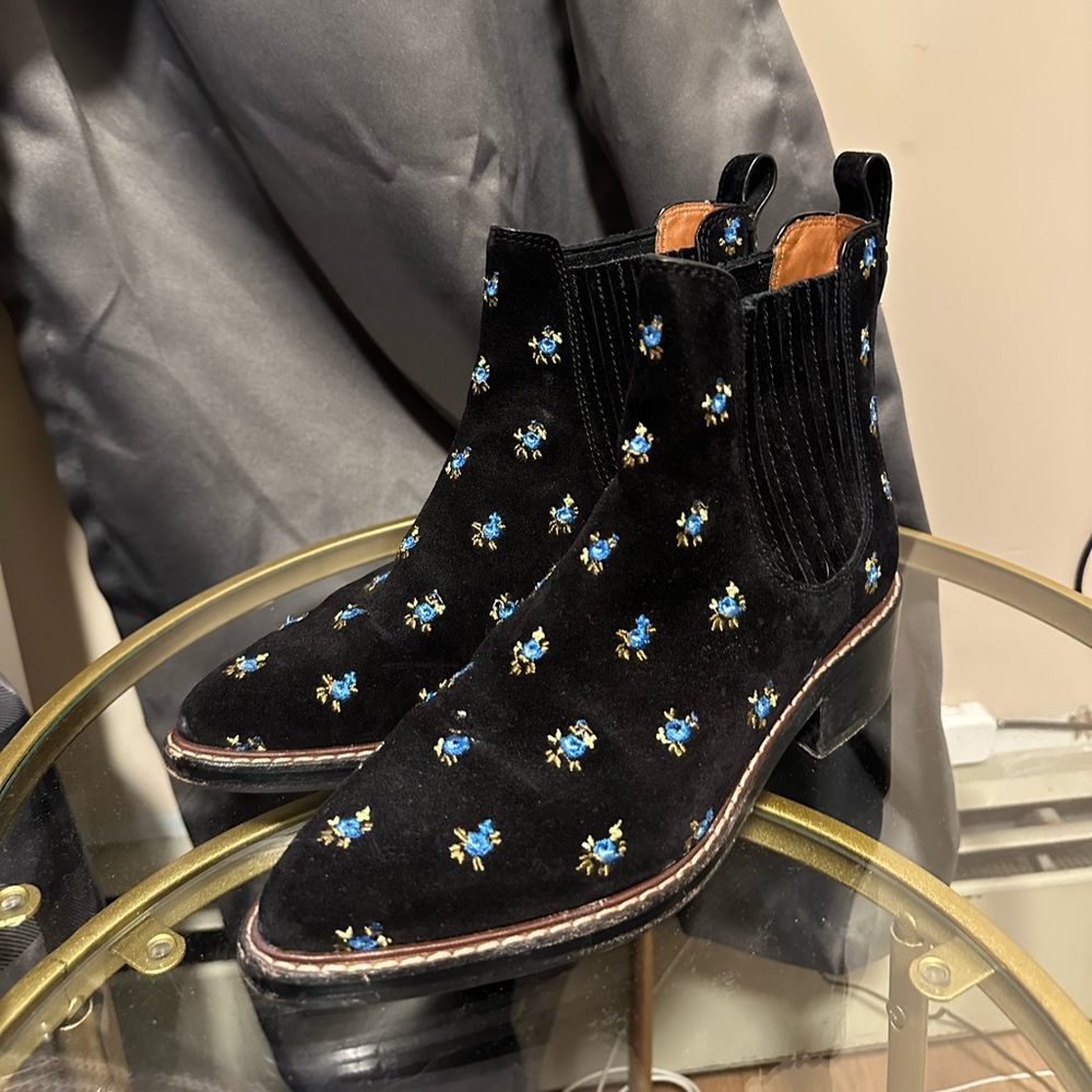 Coach Suede Ankle Boots with Blue Floral Embroidery